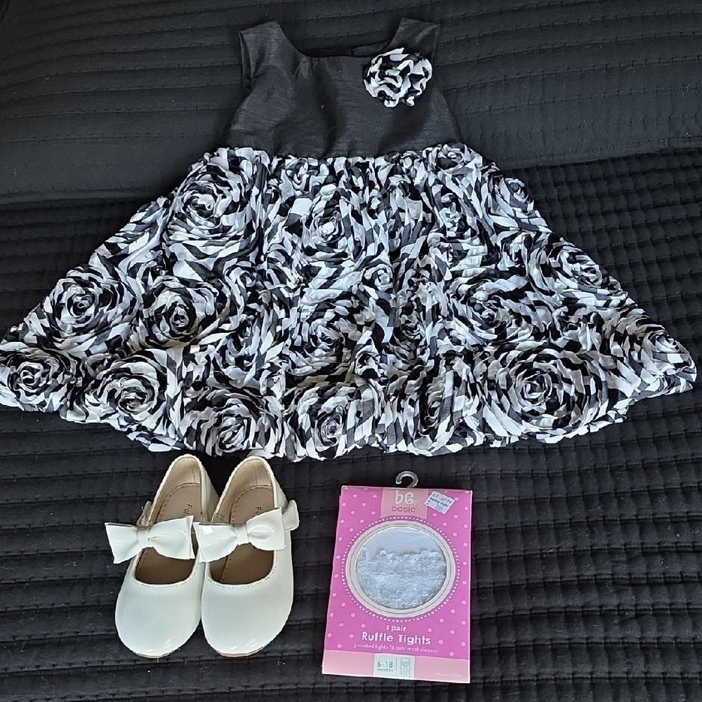 Elegant Kids Black and White Floral Dress Set with Shoes